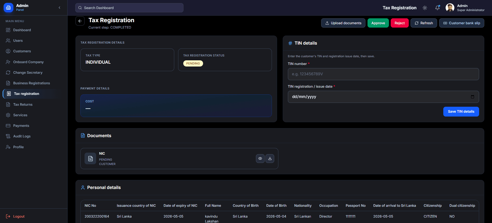 Admin Tax Registration Review Panel screenshot 1 of 3