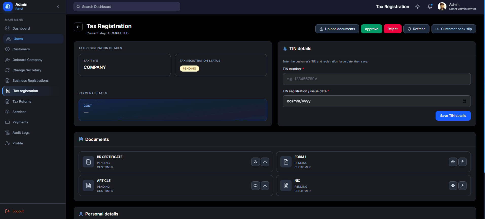 Admin Tax Registration Review Panel screenshot 2 of 3